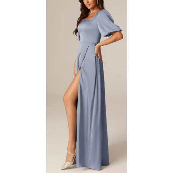 AW BRIDAL 8 M dusty blue Etta satin formal bridesmaid  party maxi dress NEW b69 - Picture 3 of 6